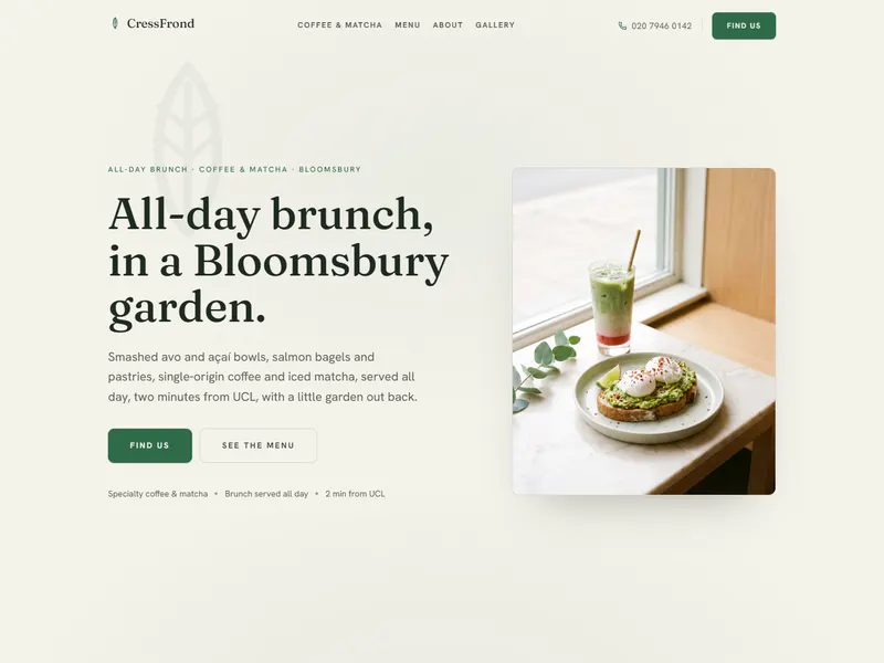 Startseite von CressFrond, einem Lokal für Brunch und Kaffee
